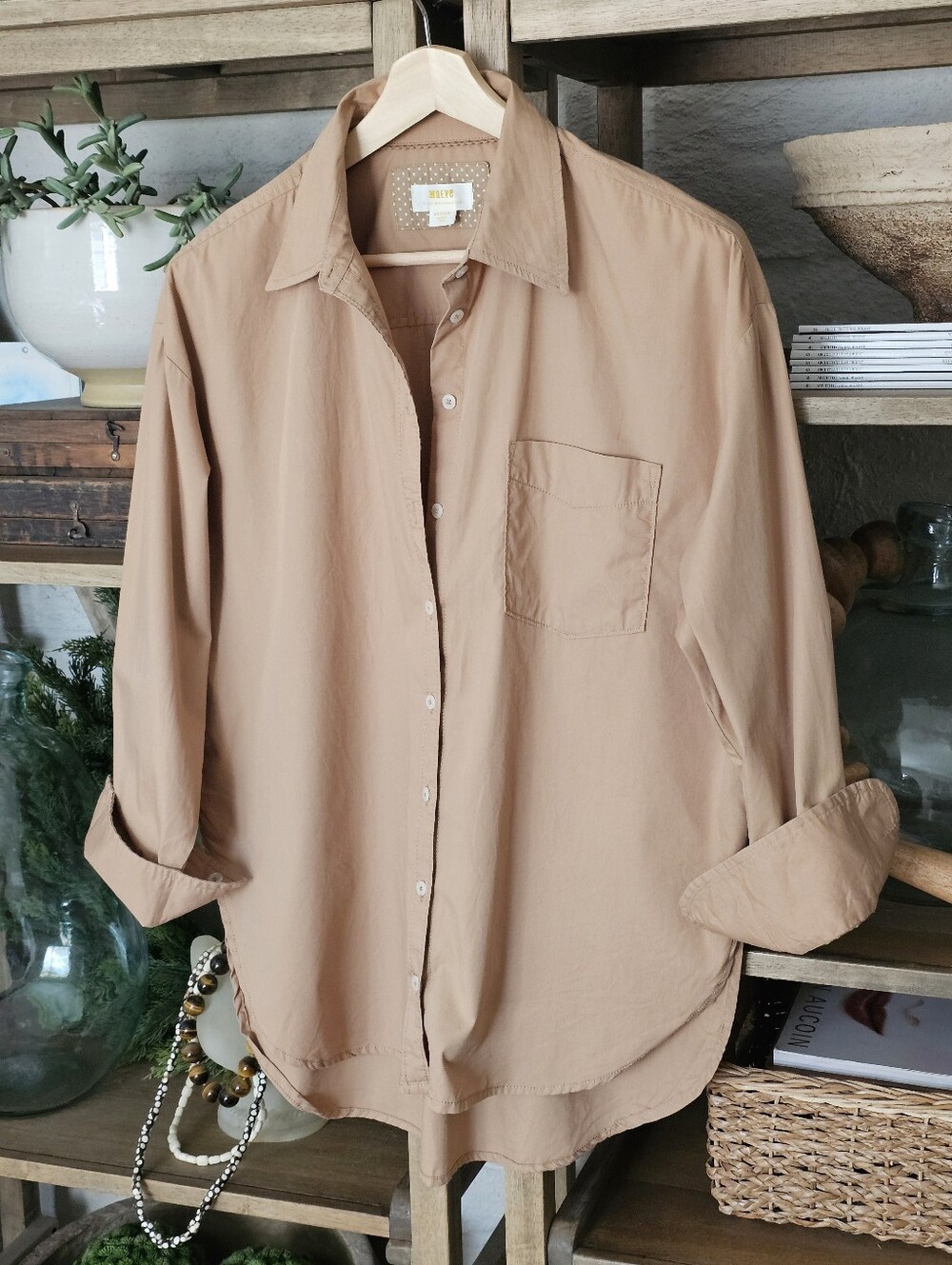 Anthropologie Maeve Bennet Button Down Camel Cotton Poplin Sz M